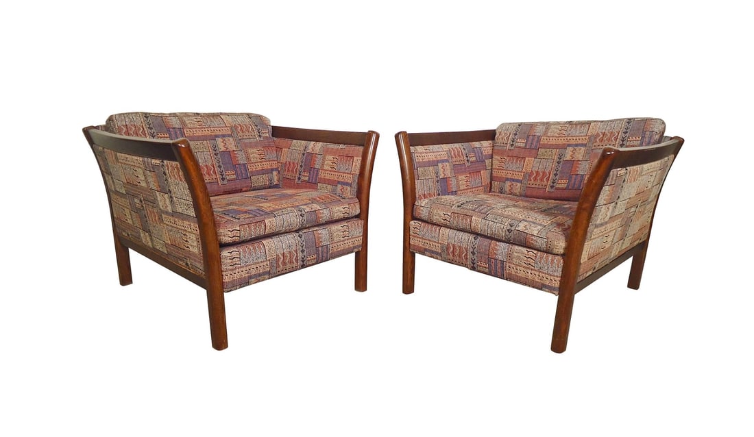 Mid-Century Modern Armchairs with Wood Trim and Vintage Upholstery: Mid-century modern arm chairs with wood trim and bowed arms. Very comfortable club chairs with vintage upholstery. // PICKUP LOCATION: BROOKLYN, NY // Condition: Good. Wear consistent with