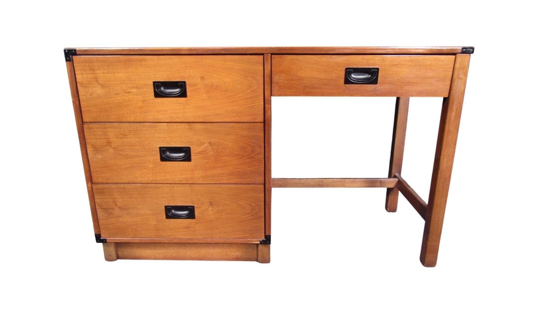 Mid-Century Modern Walnut Drexel Desk: Beautiful walnut Drexel desk with matte black metal handles. Great piece for any office or bedroom. // PICKUP LOCATION: BROOKLYN, NY // Condition: Good. Wear consistent with age and use.