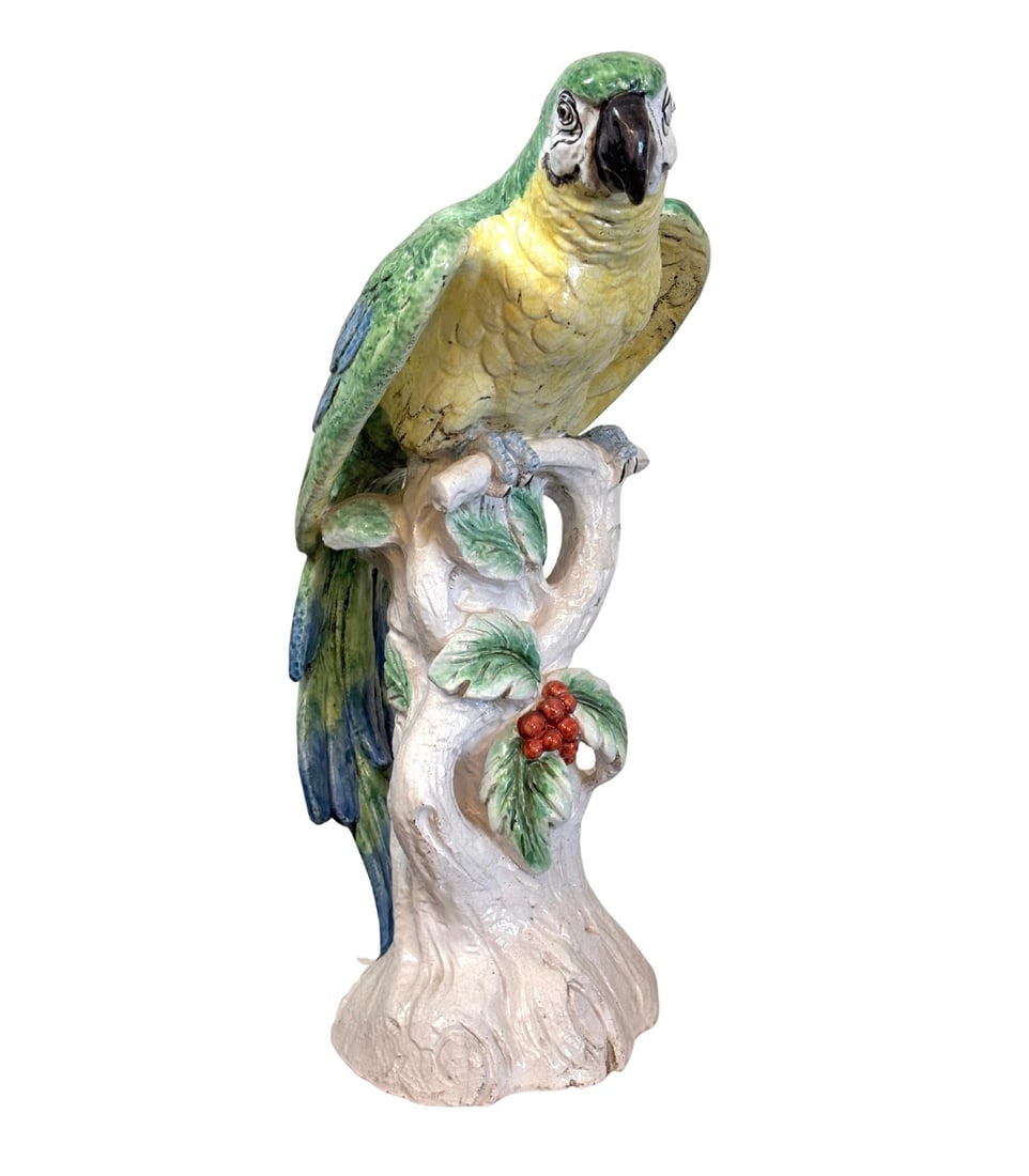 20th Century Italian Majolica Macaw Sculpture, Hand-Painted Pottery: Beautifully detailed sculpted pottery Macaw bird, perched on a branch with flowers. Made in Italy from majolica glazed pottery. // PICKUP LOCATION: BROOKLYN, NY // Condition: Good. Wear