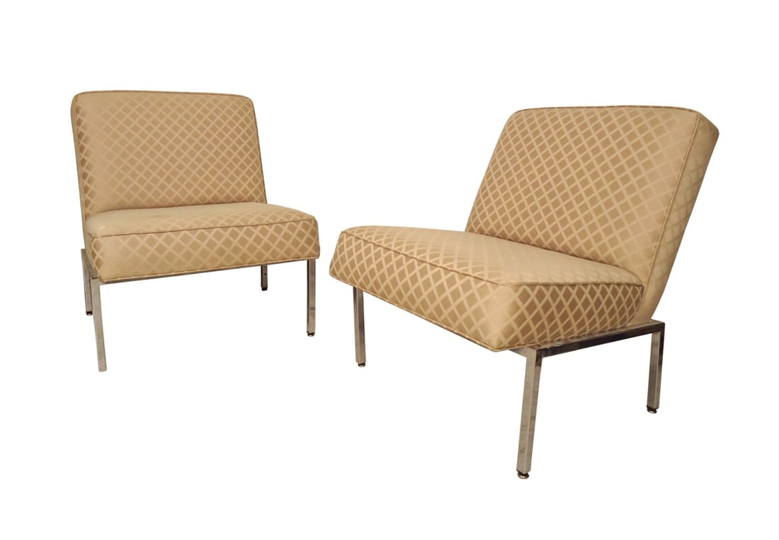 1960s Mid-Century Modern Chrome Slipper Chairs, Florence Knoll Style: Mid-Century Modern slipper chairs with chrome base in the manner of Florence Knoll. Comfortable angled backs with polished chrome base. // PICKUP LOCATION: BROOKLYN, NY // Condition: Good.