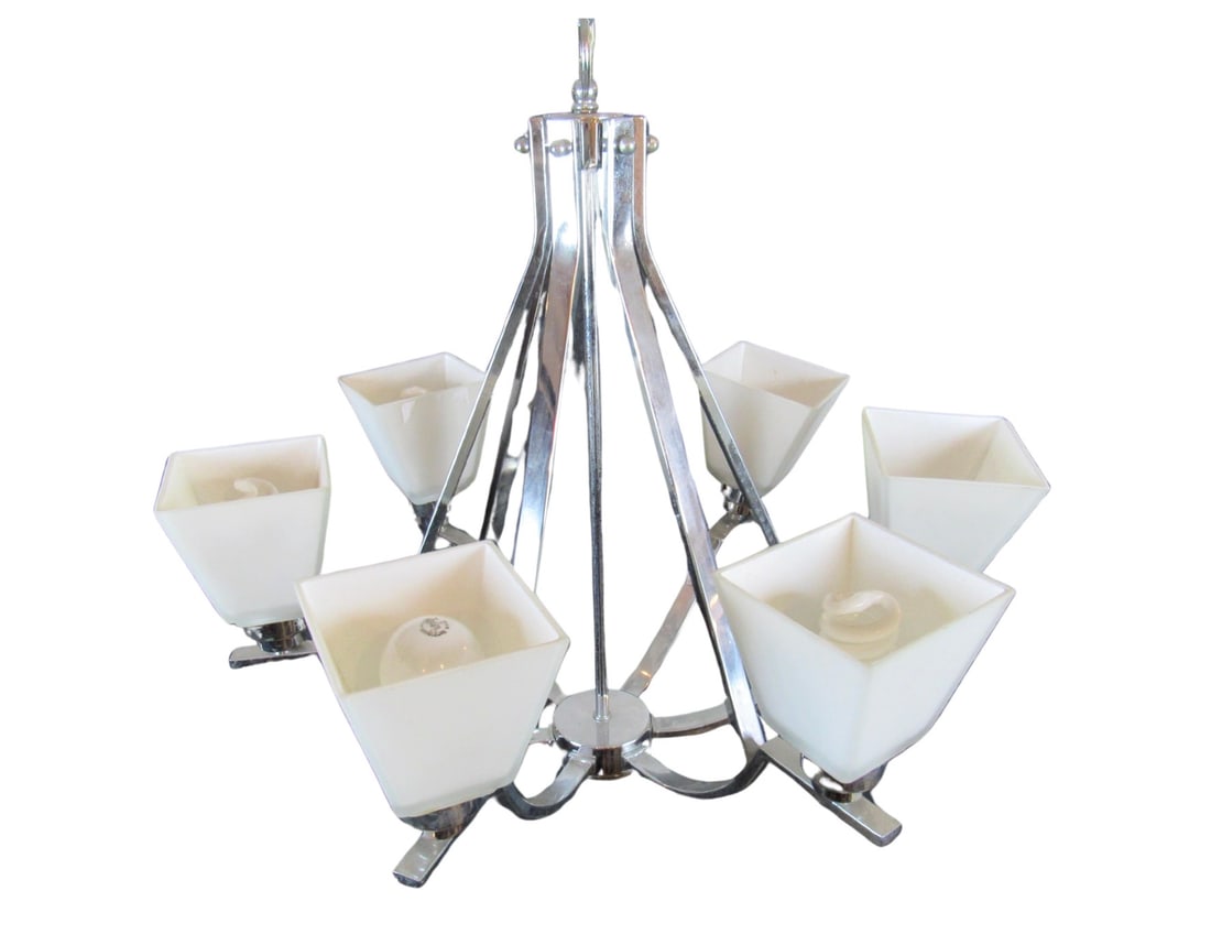 20th Century Polished Chrome & Frosted Glass Chandelier, Six Arms: Six arm chandelier with polished chrome frame and frosted glass shades. Warm glowing light perfect for your dining room or entry way. // PICKUP LOCATION: BROOKLYN, NY // Condition: Good. Wear