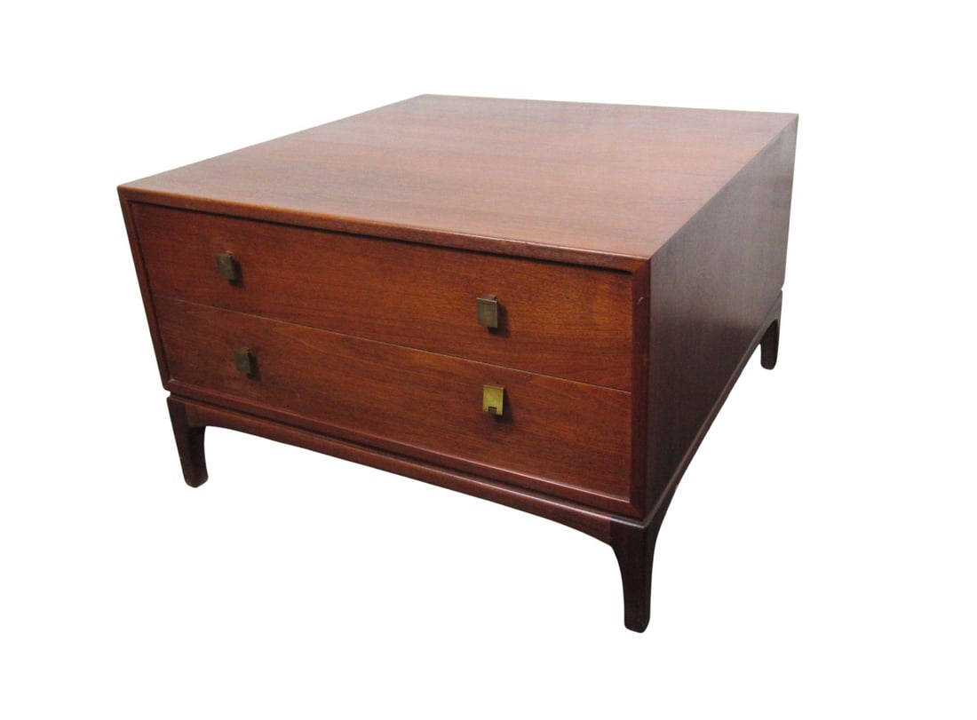 Mid-Century Modern Side Table by Motif, Walnut, Brass Handle, 1960s: Low side table with brass handle drawers. Simple mid-century modern design for home use. // PICKUP LOCATION: BROOKLYN, NY // Condition: Good. Wear consistent with age and use. Minor fading.