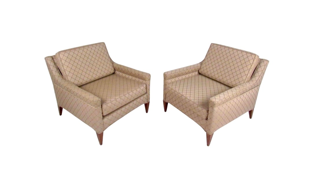 Mid-Century Upholstered Armchairs by Dunbar: Nice pair of sloped arm lounge chairs attributed to Edward Wormley for Dunbar. Very comfortable with a lower profile and a wide, deep seat. Original metal Dunbar tag attached. // PICKUP LOCATION: