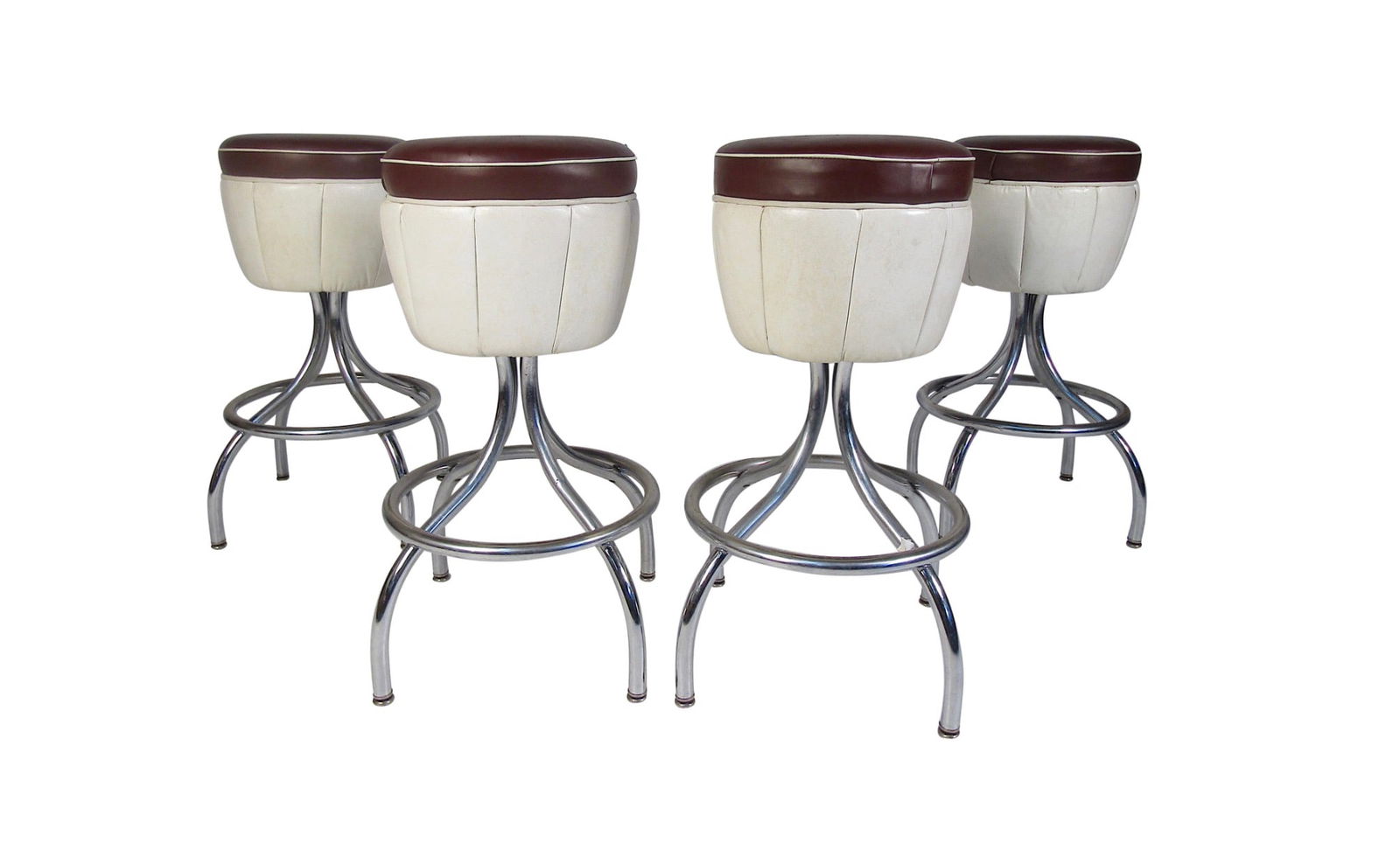 Set of Mid-Century Modern Bar Stools: This stunning set of four vintage modern bar stools feature a backless seat and a chrome base with a footrest. The two-tone vinyl is sure to complement any setting. // PICKUP LOCATION: WALL, NJ 