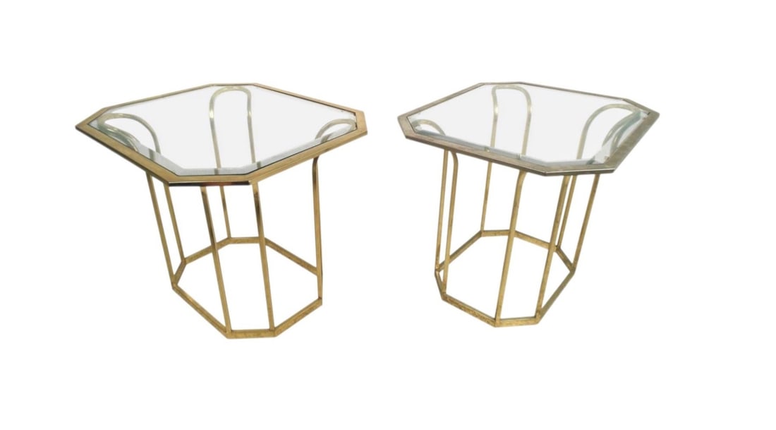 Mid-Century Modern Brass Tulip End Tables with Beveled Glass, 1960s: Mid-century modern side tables with organic shaped bases and beveled hexagon shaped glass. Very simple yet stylish. // PICKUP LOCATION: WALL, NJ // Condition: Good. Wear consistent with age