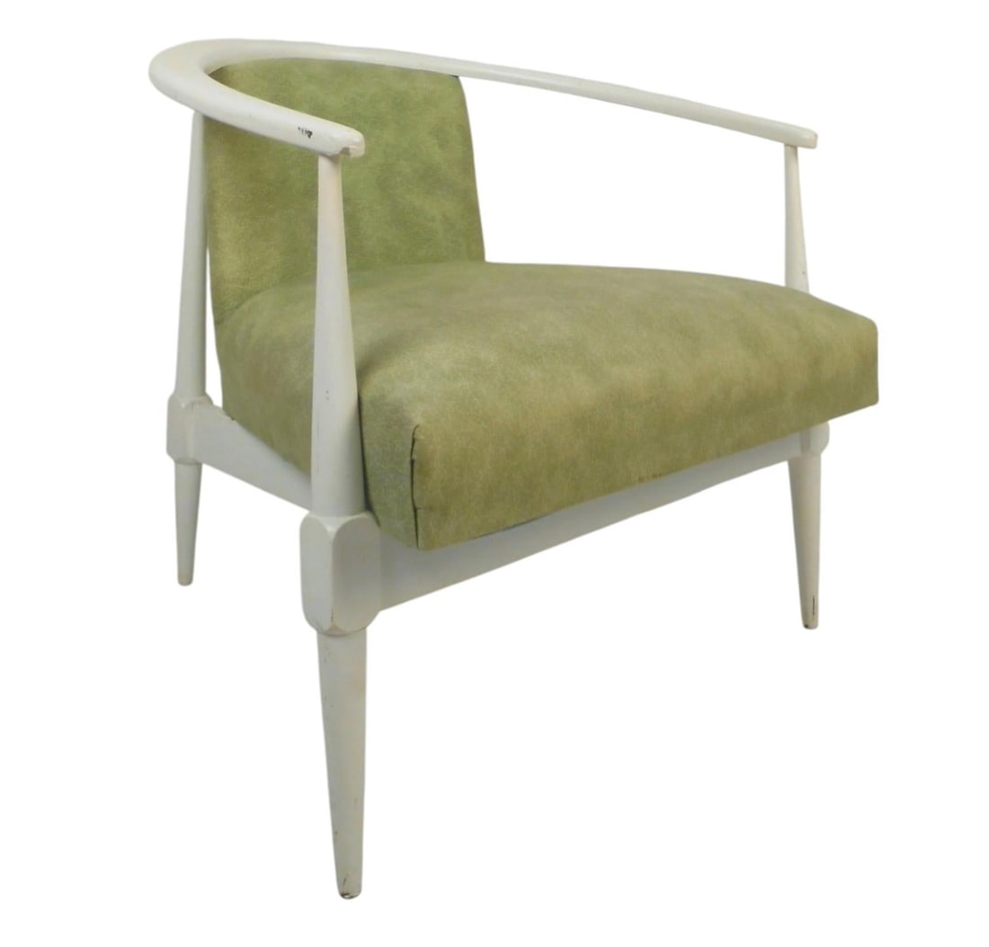 Mid-Century Modern Armchair: Mid-Century Modern Armchair with beautiful green upholstery. // PICKUP LOCATION: WALL, NJ // Condition: Fair. Wear consistent with age and use. Minor losses. Minor fading. Paint chipping,