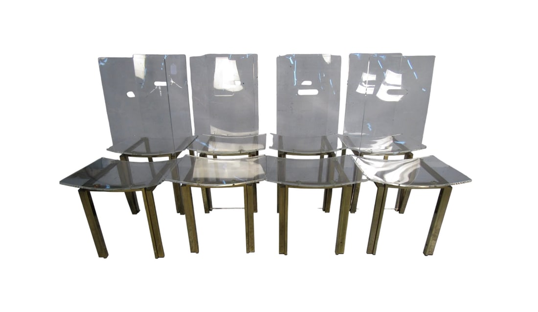 Set of Eight Lucite and Brass Dining Chairs: Vintage modern set of eight dining chairs featured in a brass finished frame, Lucite seat and backrest. // PICKUP LOCATION: WALL, NJ // Condition: Good. Wear consistent with age and use.
