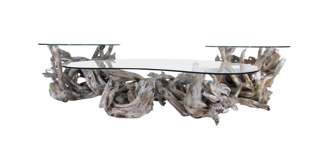 Set of Boho Driftwood Tables: This set of matching tables features painted driftwood bases with unique free-form design. Kidney shaped glass tops add to the vintage style of the set, which includes a low coffee table and two