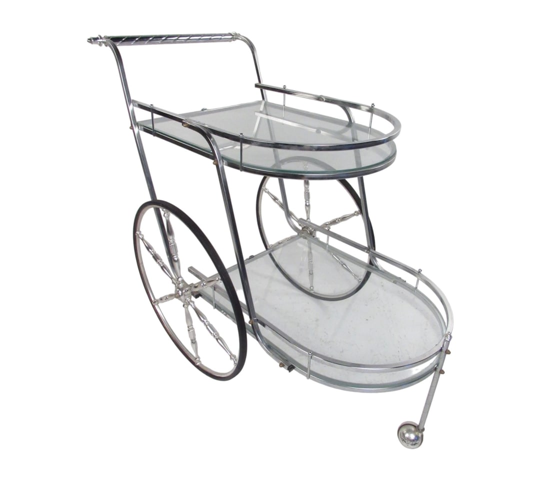 Mid-century Modern Two Tier Chrome Serving Cart: Mid-century Modern Two Tier Chrome Serving Cart // PICKUP LOCATION: WALL, NJ // Condition: Good. Wear consistent with age and use. Minor losses. Minor fading. Scratches, chipped glass,