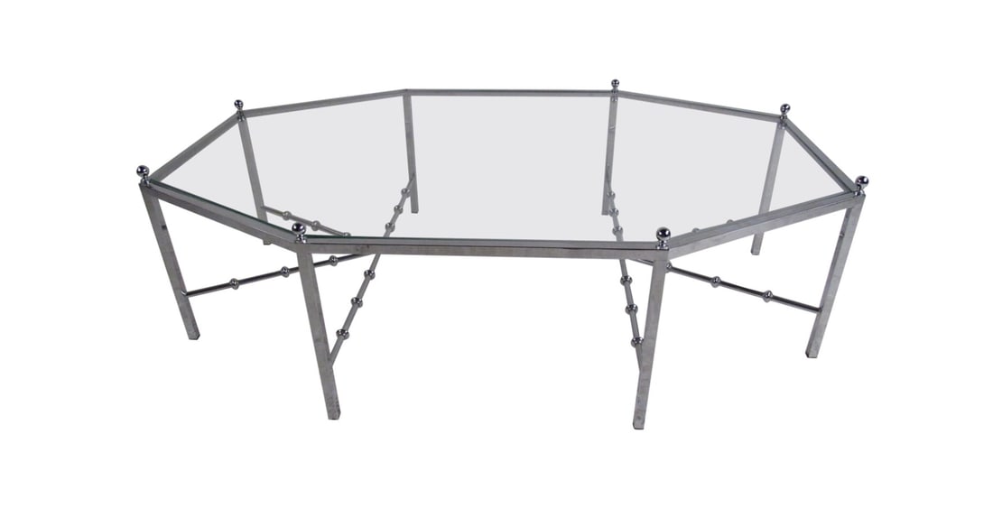Mid-Century Octagonal Neo-Regency Chrome Cocktail Table: Bring bold vintage style and architectural elegance to your living space with this Mid-Century Octagonal Neo-Regency Chrome Cocktail Table. A striking blend of modernist geometry and glamorous metal