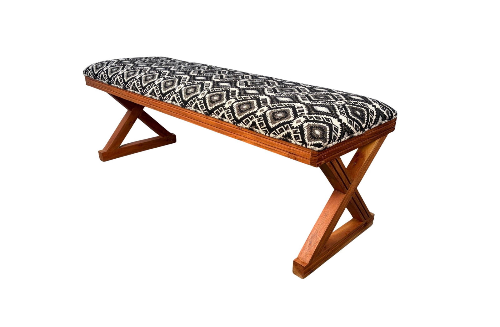 Vintage Style Southwestern Upholstered Boho X Bench: Vintage-style Upholstered Boho X Bench featuring a comfortable padded seat upholstered in eye-catching Navajo-inspired patterned fabric, paired with a classic X-base design. Rich texture and bold