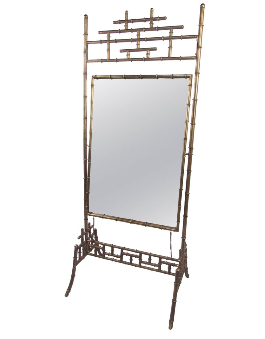 Vintage Full Length Dressing Mirror: This unique vintage mirror features a stylish Asian motif, gold leaf finish, faux bamboo frame, and pivots neatly in it's sturdy four leg frame. Perfect mirror for bedroom, dressing room, or business