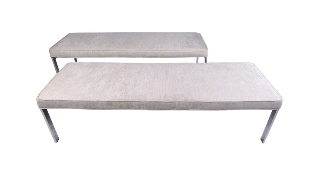 SINGLE Contemporary Modern Upholstered Bench Seat: This stylish chrome frame bench seat makes a comfortable occasional seat for any home or business interior. Chrome frame, wood finish decorative trim, and spacious padded seating area make a