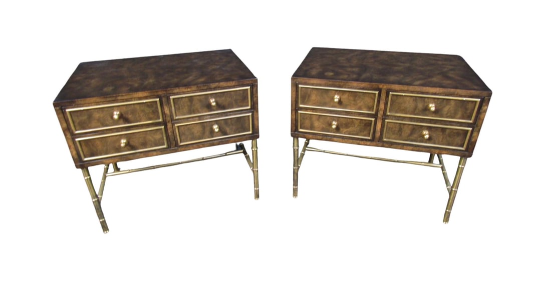Vintage Pair of Burl and Brass Night Stands by Mastercraft: A vintage pair of night stands by Mastercraft that pair dark burl wood with brass accents for a bold and elegant look. Large drawers and quality mid-century craftsmanship make these a great