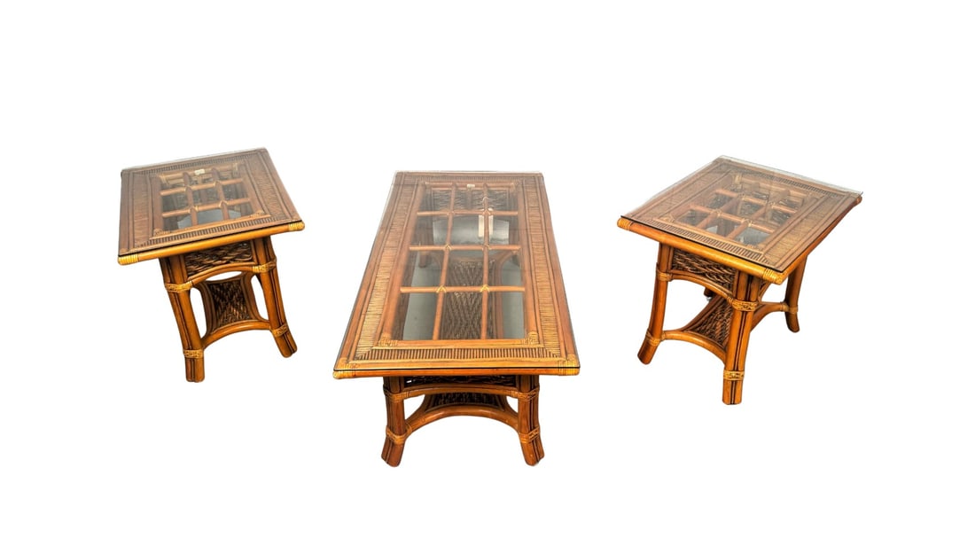 Beautiful Mid-Century Rattan Table Set: Bring a breezy, resort-inspired ambiance into your home with this elegant Palm Springs collection set—a vintage rattan and glass coffee table paired with coordinating end table(s). Perfectly capturi