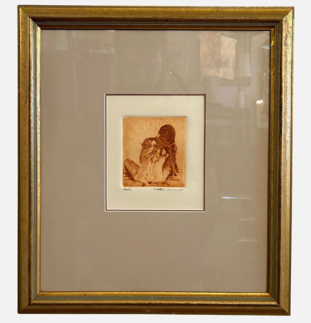Etching in Sepia 22/50: This etching is signed and numbered by the artist. A female nude sits with her back to us, in varying shades of sepia orange. The etching is rather small, only measuring 3.5" by 4.5", which draws you