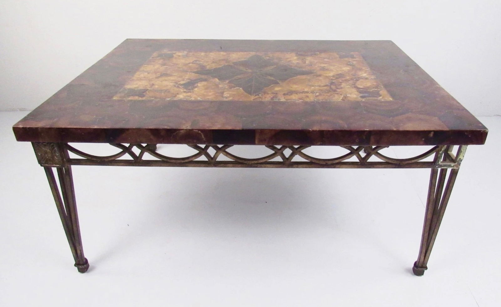 Vintage Modern Tile Top Coffee Table: This stylish vintage modern coffee table features stone tile marquetry, iron frame, and artistic table top inlays. Unique vintage coffee table for home or office seating area. // PICKUP LOCATION: