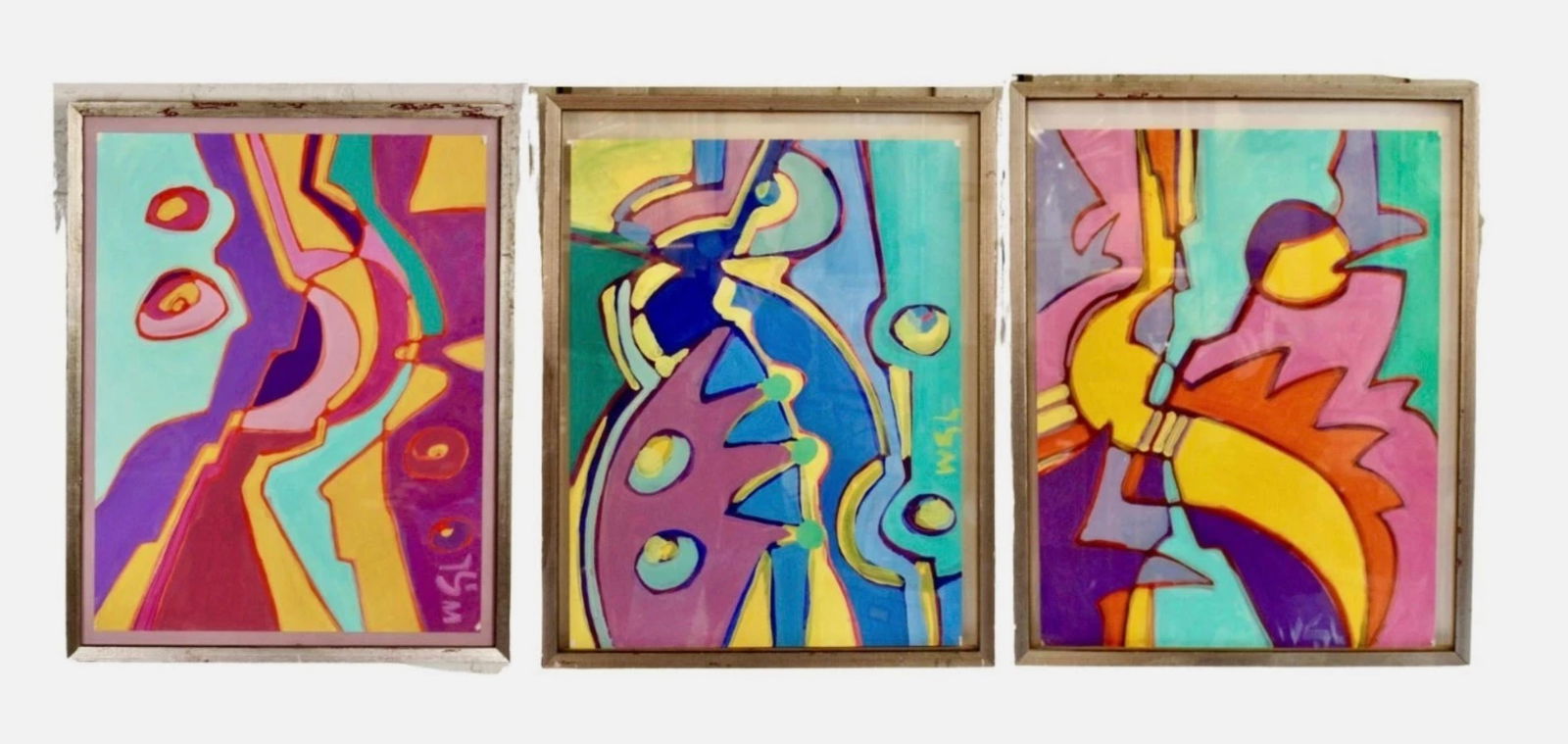 Wayne Cunningham Gouache on Paper (lot of 3): Lot of 3 paintings by Philadelphia artist Wayne Cunningham. Featuring gouache on paper in bright, outstanding colors, making abstract shapes and figures. Two retain their titles 'Morning', and 'Into