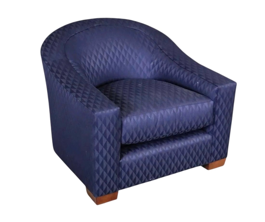Ralph Lauren Blue Barrel Back Chair: Round back arm chair by Ralph Lauren in a deep blue fabric with diamond pattern. High arms and wood feet. // PICKUP LOCATION: WALL, NJ // Condition: Good. Wear consistent with age and use.