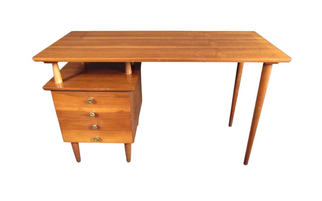 Mid-Century Modern Walnut Desk: Vintage modern writing desk featured in rich walnut grain. This desk sits on sleek tapered legs and has two spacious drawers. This would be a perfect addition to any creative space. // PICKUP