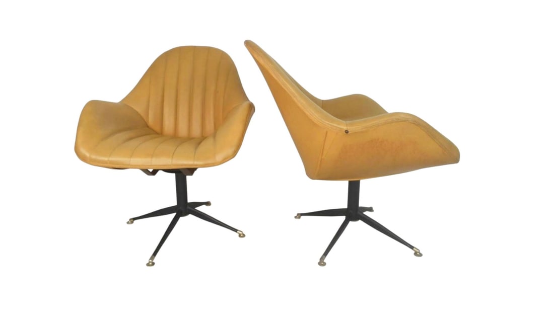 Mid-Century Swivel Lounge Chairs by France & Sons: Vinyl upholstered swiveling side chairs. // PICKUP LOCATION: WALL, NJ // Condition: Good. Wear consistent with age and use. Minor fading. age appropriate wear, some scuffs/oxidation, vintage