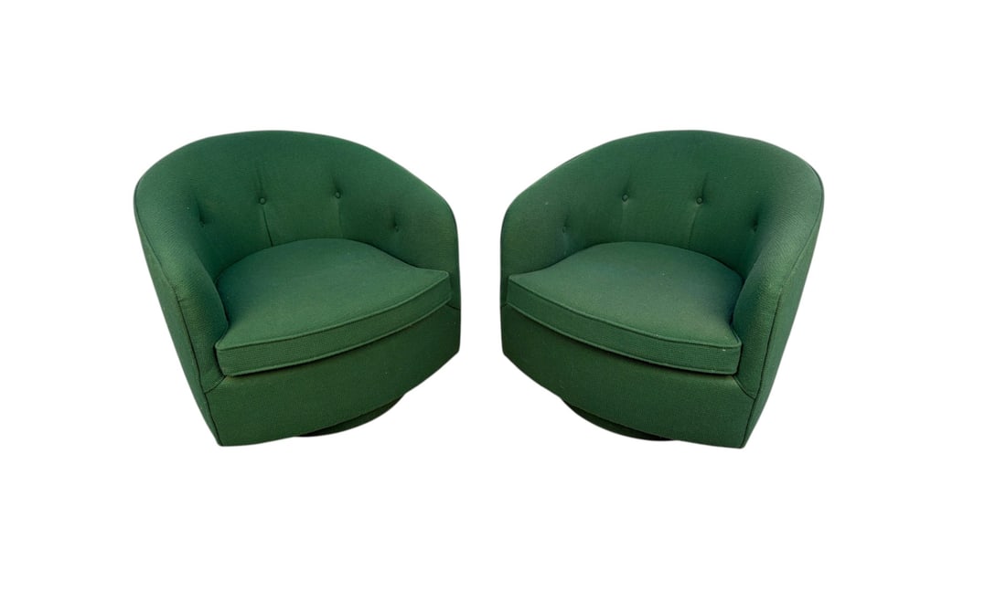 Pair of Vintage Green Barrel Back Swivel Lounge Chairs (1 of 12)