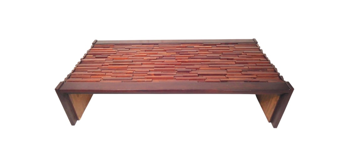 Mid-Century Percival Lafer Brutalist Style Mosaic Coffee Table: Mid-Century Modern coffee table with brutalist style. Features a sculptural relief design throughout. // PICKUP LOCATION: BROOKLYN, NY // Condition: Good. Wear consistent with age and use. Minor fadin