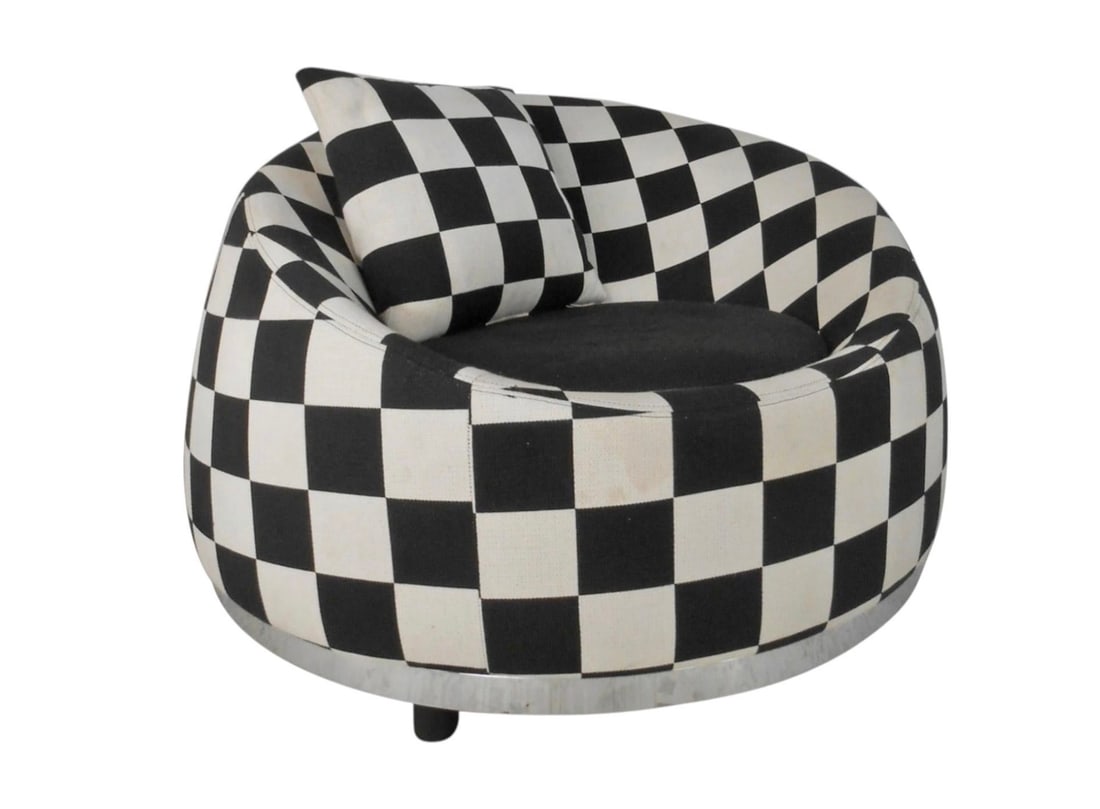 Round Italian Checkered Modern Club Chair: This stylish contemporary modern club chair features chrome trim, black and white checkered upholstery, and uniquely shaped seat back. Very comfortable, Italian made tub chair with vibrant geometric