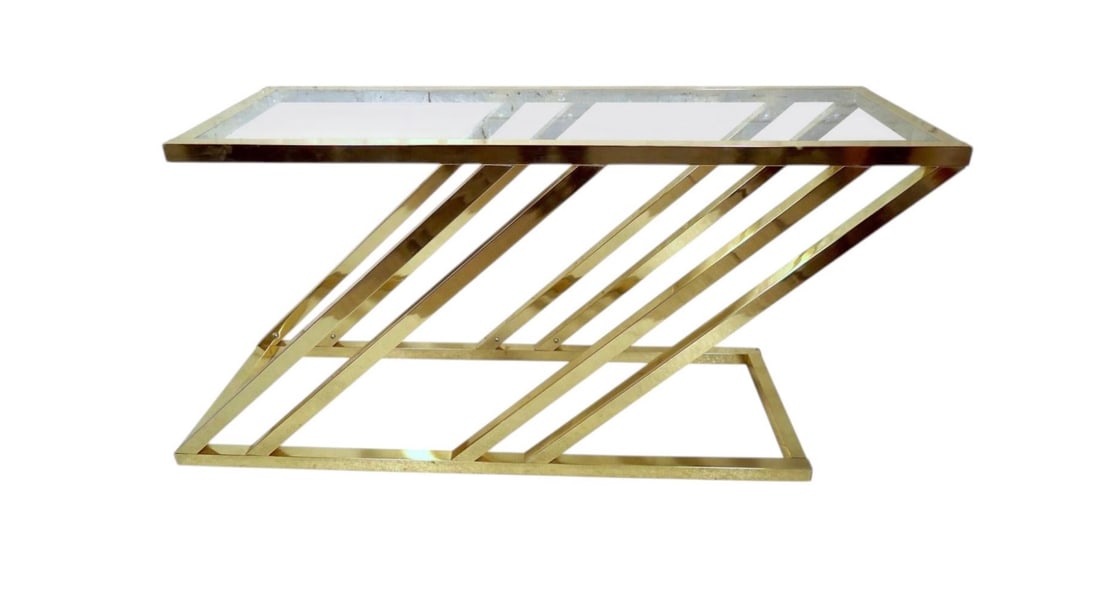 Geometric Zig-Zag Brass Console w/ Glass: Uniquely designed brass console featuring a glass top, this console would make a great addition to any home or office. // PICKUP LOCATION: BROOKLYN, NY // Condition: Good. Wear consistent
