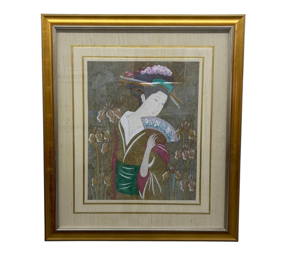 Elegant Framed Painting of Japanese Woman on Cork: Delicate, refined, and beautifully detailed, this Elegant Painting of a Japanese Woman on Cork is a captivating work of art that blends cultural grace with distinctive craftsmanship. Rendered on