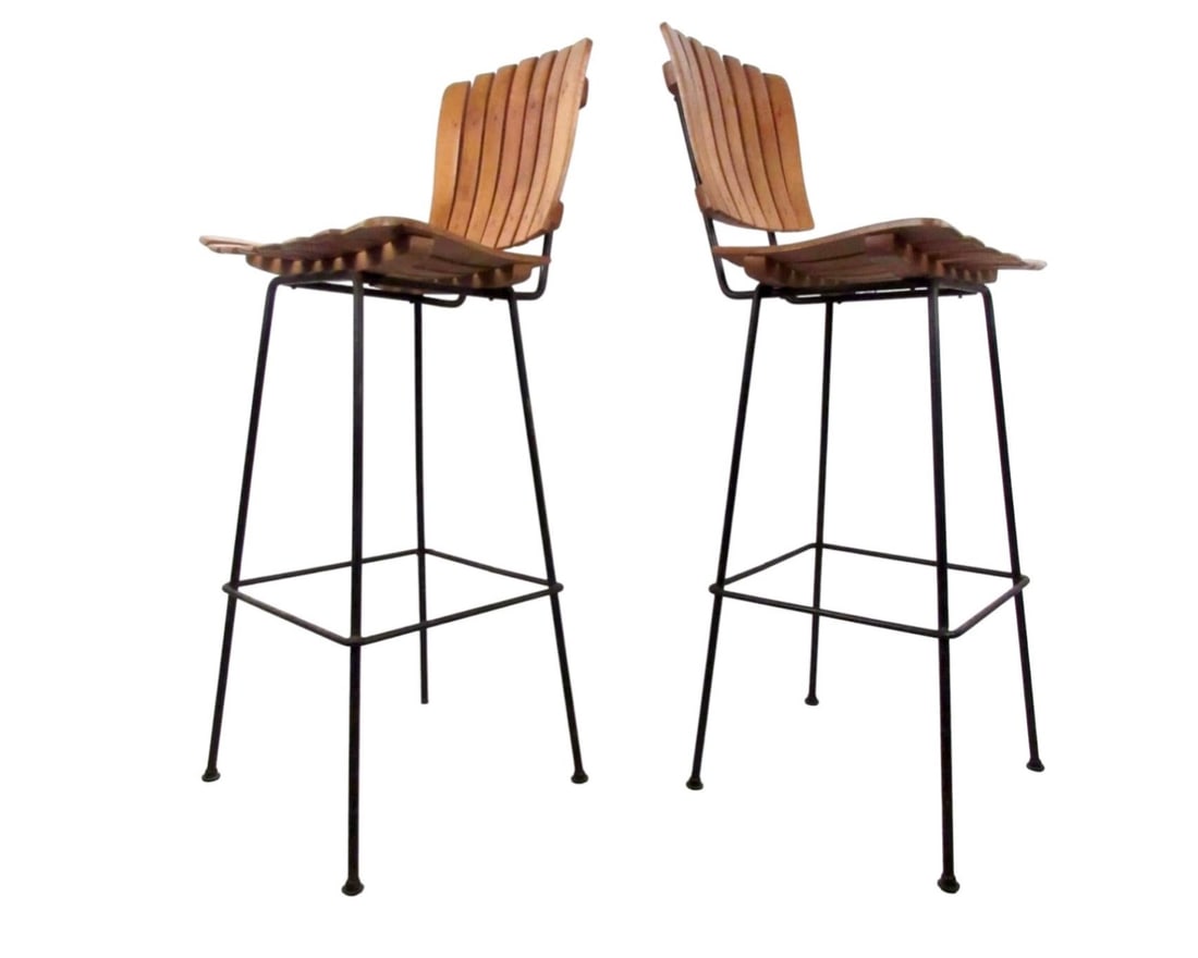Pair of Mid-Century Arthur Umanoff Slat Wood and Iron Stools (1 of 5)