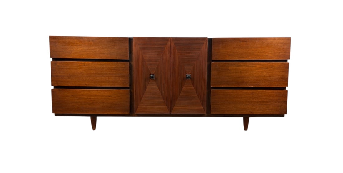Mid-Century Modern American of Martinsville Walnut "Diamond" Triple Lowboy Dresser: This striking mid-century modern dresser, designed by Merton Gershun for American of Martinsville, is a masterful example of 1960s sculptural design. The centerpiece features a distinctive