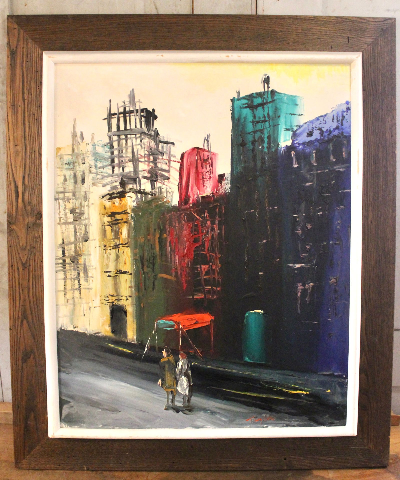 Oil on Canvas Painting of Abstract Cityscape: This colorful painting depicting a couple walking through the city is well framed with a dark rustic wood frame and white trim around the canvas. There is an intentional unfinished quality to the