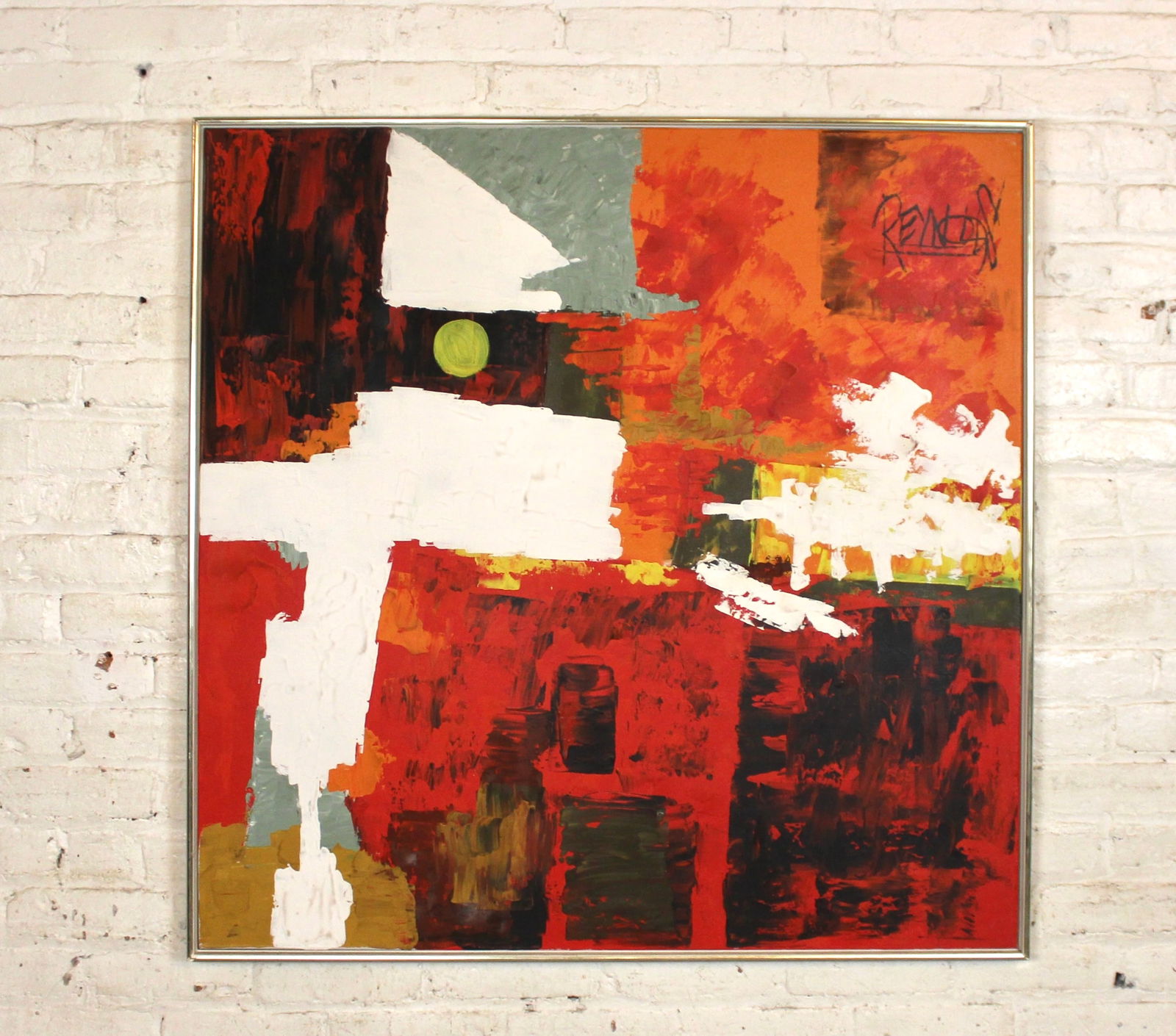 Lee Reynolds Oil on Canvas Abstract Painting: Large scale painting by Lee Reynolds for Vanguard Studios. Vibrant reds and oranges, with deep brush strokes. Made in the 1970s and ready for your modern home. // PICK UP LOCATION: BROOKLYN NY 