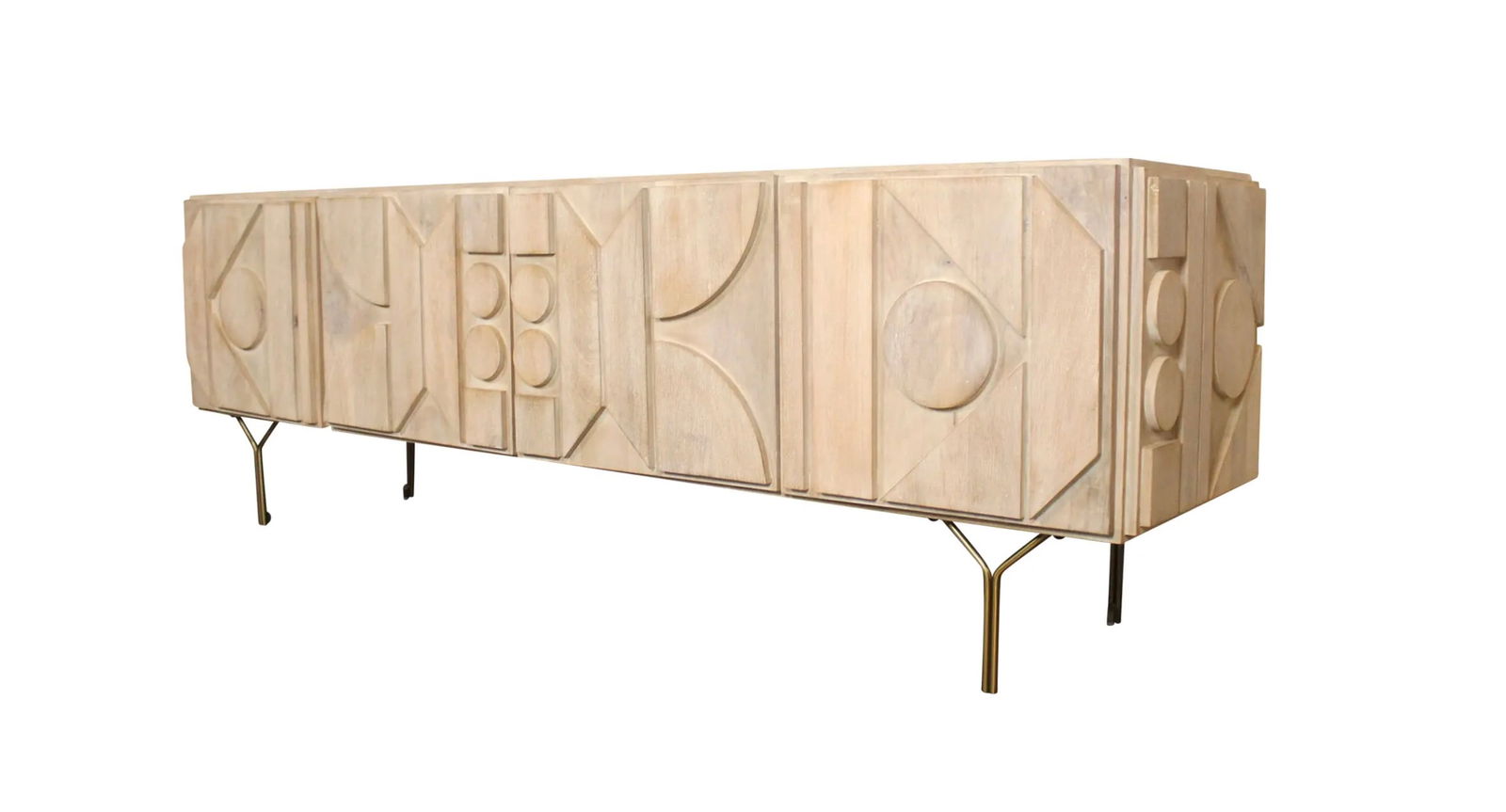 Late 20th Century Brutalist Media Cabinet: Long four door cabinet with a mosaic designed front and sides, set on brass hair pin legs. Two back cut outs allow for all media cables to be hidden. // PICKUP LOCATION: BROOKLYN, NY // Condition: Goo