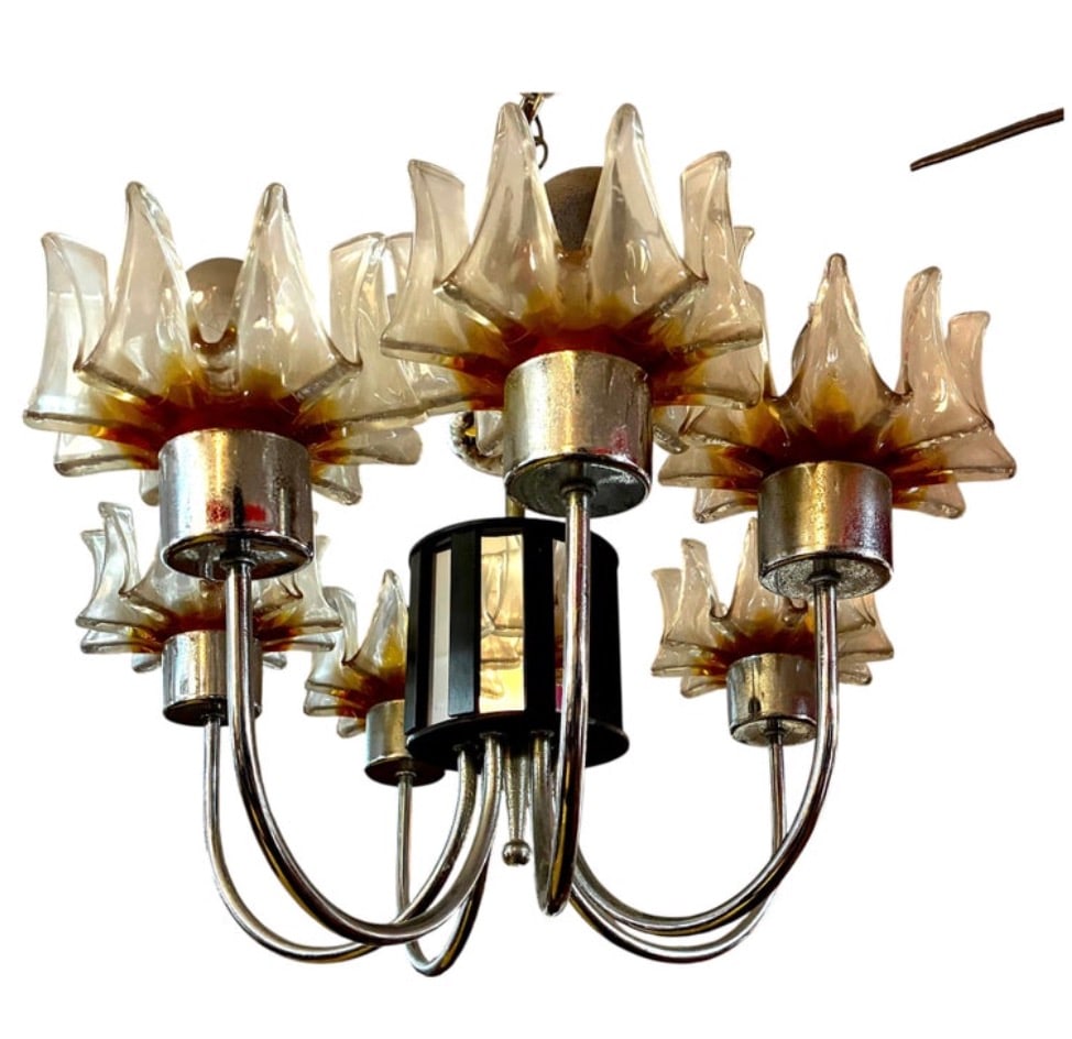 Mid-Century Chrome and Amber Glass Chandelier by Mazzega: Six arm hanging chandelier featuring polished chrome frame with amber glass shades. Center piece of wood and mirror adds to the reflection of light. // PICKUP LOCATION: BROOKLYN, NY // Condition: Good