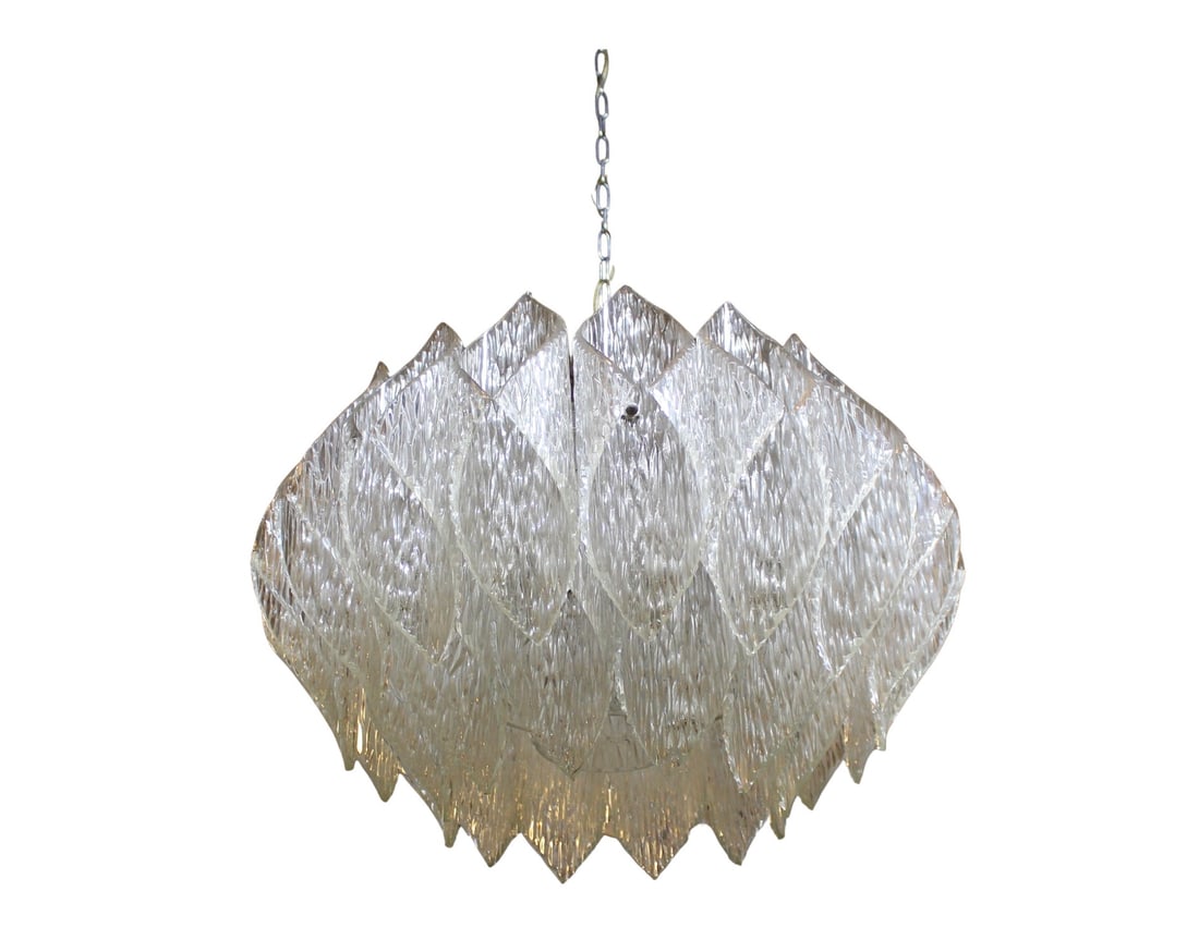 Acrylic Chandelier by Kalmar: Mid-century chandelier by Kalmar Lighting featuring folded diamond shaped pieces of Bakelite acrylic with icicle texture. The semi-clear acrylic is used to shade the light, as well as reflect. // 