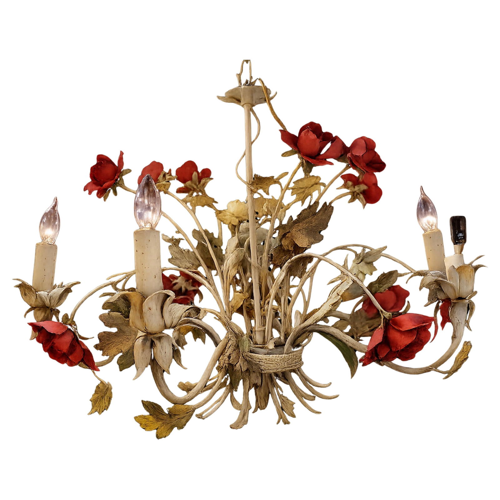Vintage Mid-Century Italian Tole Rose Chandelier in Metal: An elegant Italian mid-century Tole Rose chandelier. With this little piece of history, you can make your living or dining room feel just a bit more like a Roman villa. // PICKUP LOCATION: BROOKLYN, N