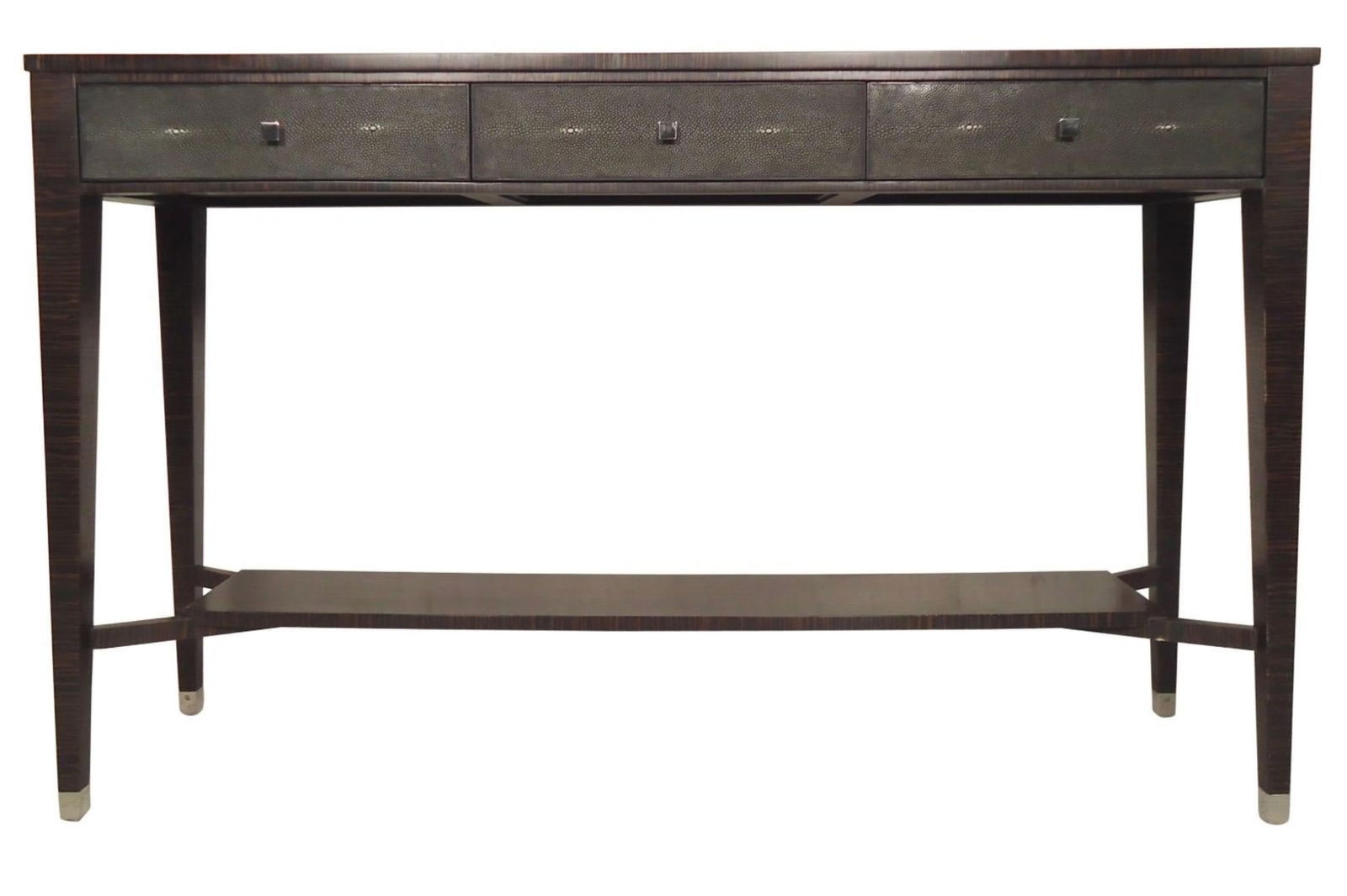 Deco Style Console Table by Jonathan Charles w/ Shagreen: Long console table with faux Macassar ebony veneer and faux shagreen accents. Three drawers with nickel handles, tapering legs with matching nickel caps. Beautiful coloring and design. // PICK UP LOCA