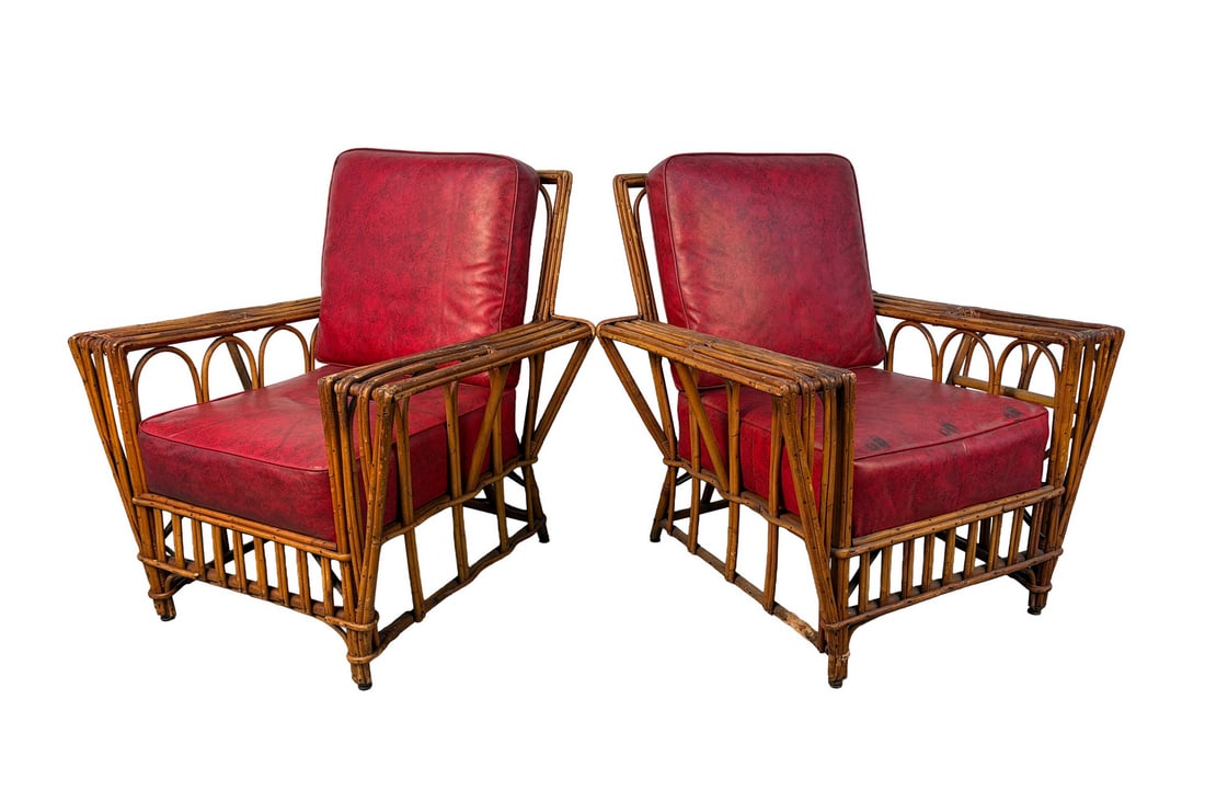 Vintage Art Deco Split-Reed Wicker Lounge Chairs: The low, relaxed lounge profile provides comfortable seating while highlighting the chairs’ architectural silhouette. Perfect for a sunroom, living room, covered porch, or as standout accent pieces,