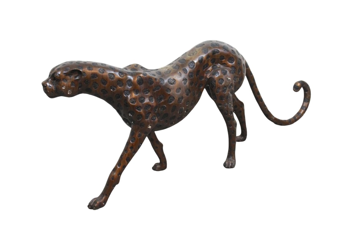 Bronze Cheetah - Five Foot Long: This wildcat is made of bronze with black spots, formed in a hunting pose. Beautiful detailing with heavy construction. This cat is a show stopper, protecting your living room or garden. // PICKUP