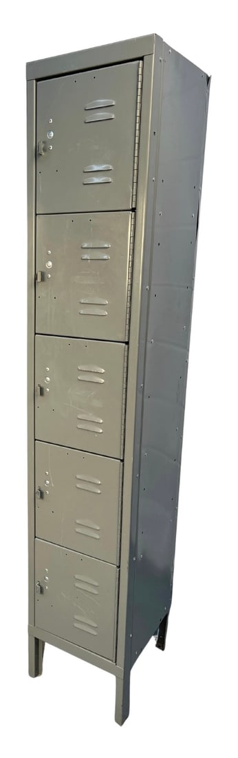 Tall Industrial Locker: One tall industrial metal foot locker, featuring five spacious compartments for ample storage. The rugged metal construction and utilitarian style makes it perfect for adding character to lofts,