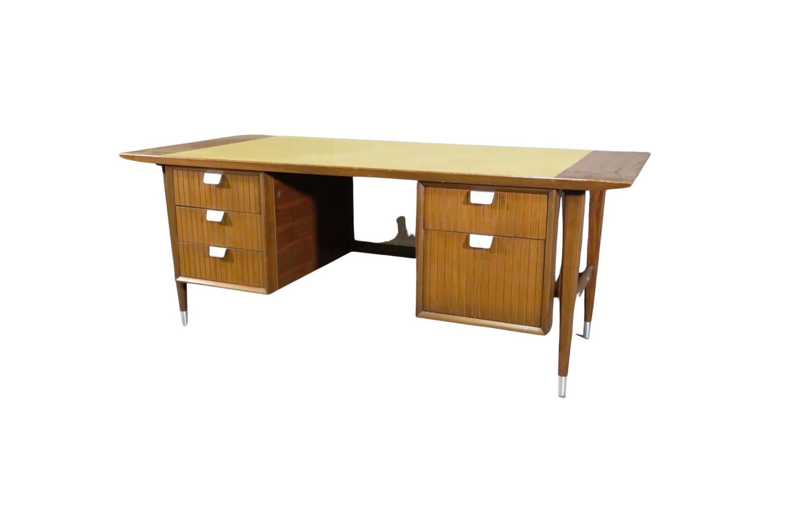 Mid-Century Executive Desk, Walnut & Yellow Laminate, Wicker Back (1 of 7)