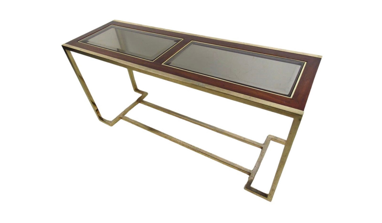 Mid-Century Brass and Walnut Console Table with Smoked Glass: This midcentury console table features a walnut in lay with beveled glass atop a brass base which offers an elegant, modern flare to any home or office. // PICKUP LOCATION: WALL, NJ // Condition: Fair