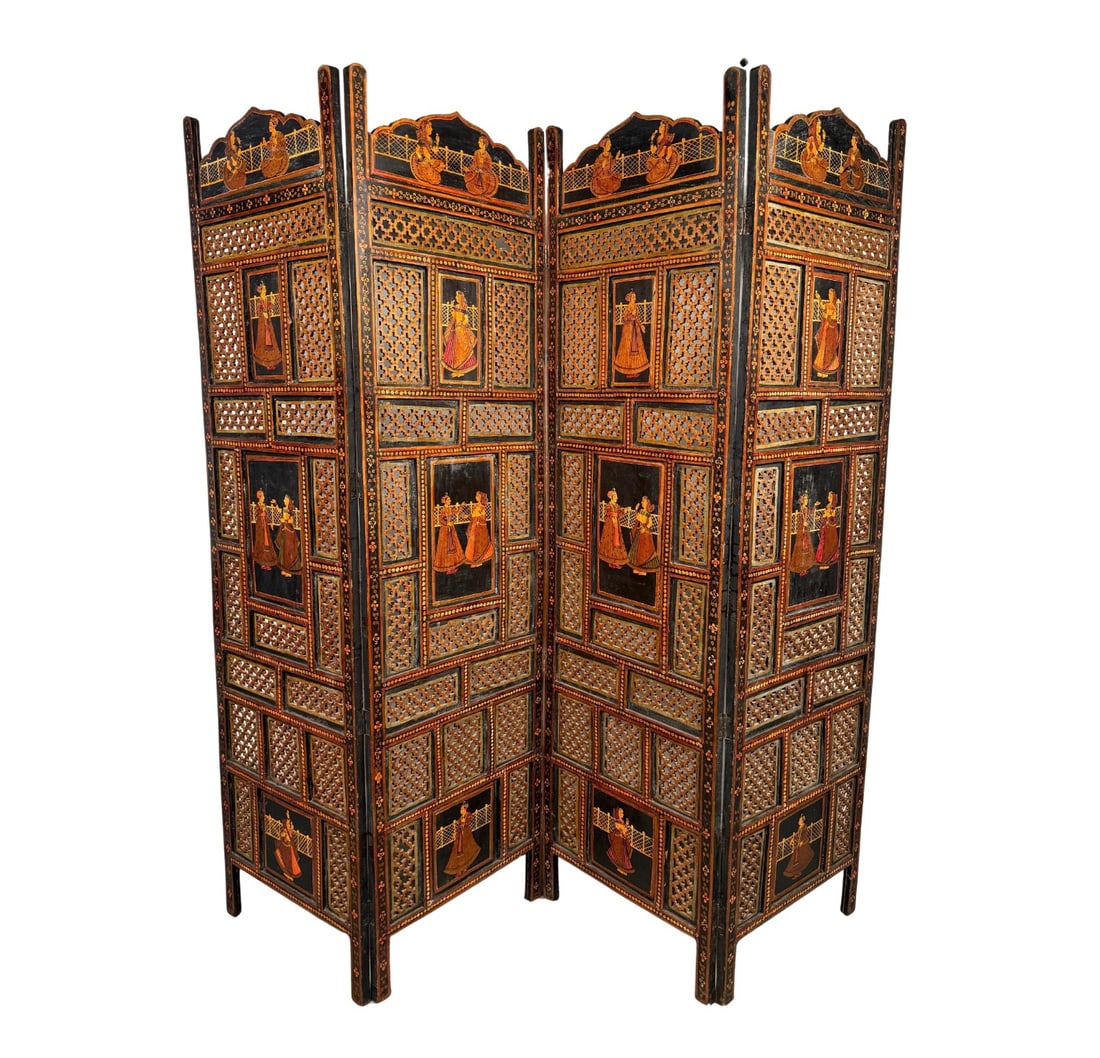 Vintage Anglo-Indian Painted and Carved Four-Panel Folding Screen: Add a touch of global sophistication to your space with this stunning mid-century Anglo-Indian room divider, a true testament to artisanal craftsmanship and timeless design. Meticulously hand-carved