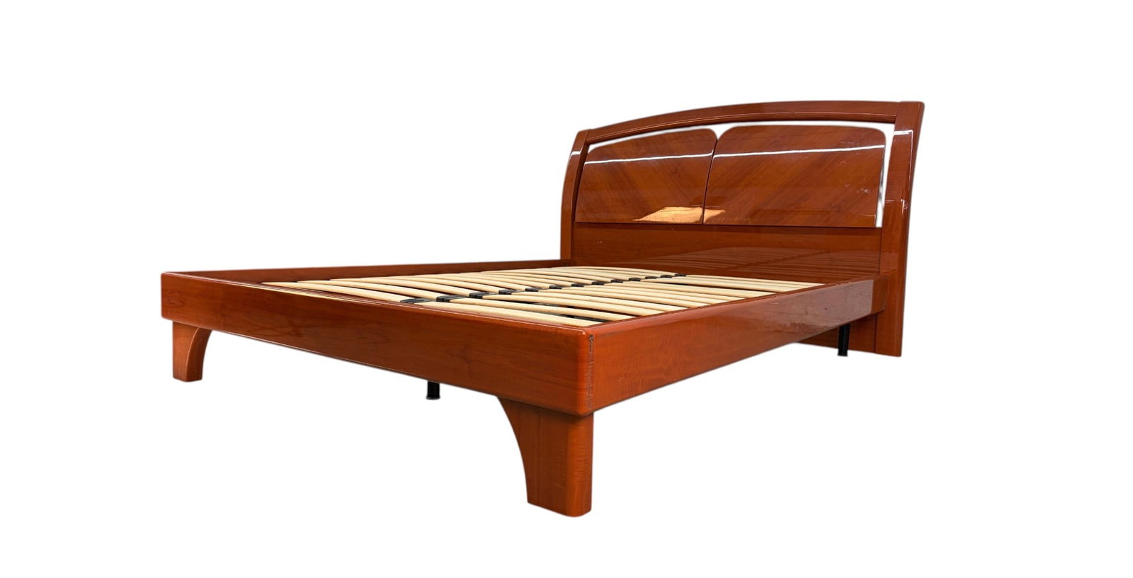 Queen Size Lacquered Cherry Platform Bed with Storage Headboard: Transform your bedroom into a stylish retreat with this beautifully crafted modern platform bed in a rich lacquered cherry finish. The standout feature is the spacious storage headboard. The platform 