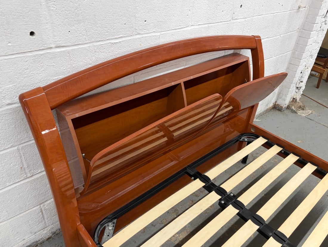 Queen Size Lacquered Cherry Platform Bed with Storage Headboard - 9