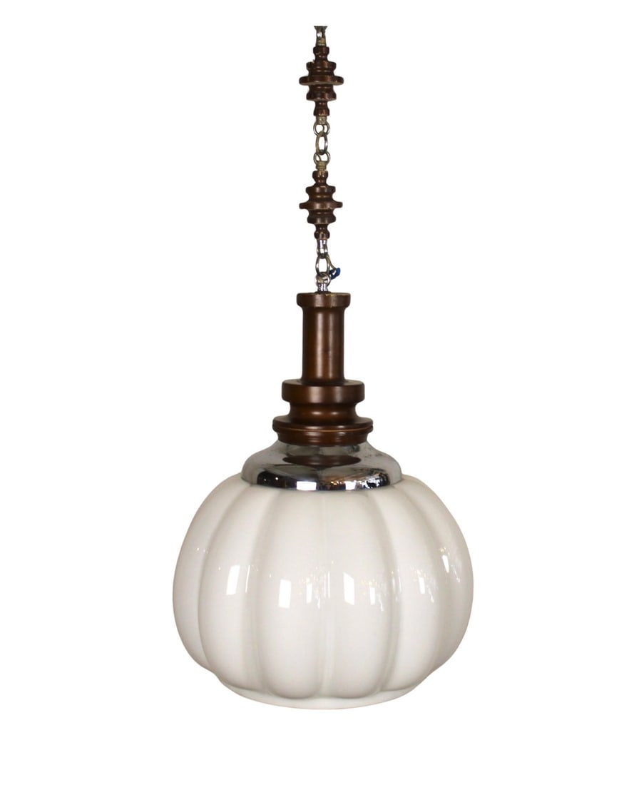 Italian Milk Glass Pendant: This mid-century hanging pendant features a shell shaped milk glass shade, which hangs from a wood and metal chain. Single socket under the glass shade gives a warm and soft light. // PICKUP