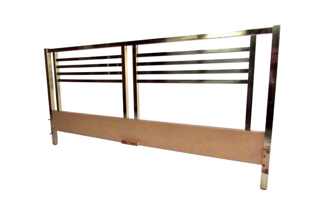 Vintage Modern King-Size Brass Bed Headboard: This unique brass headboard features stylish Mid-Century Modern design and measures 78 inches wide. Unique patina adds to the vintage appeal of the piece, making it a great addition to any interior.
