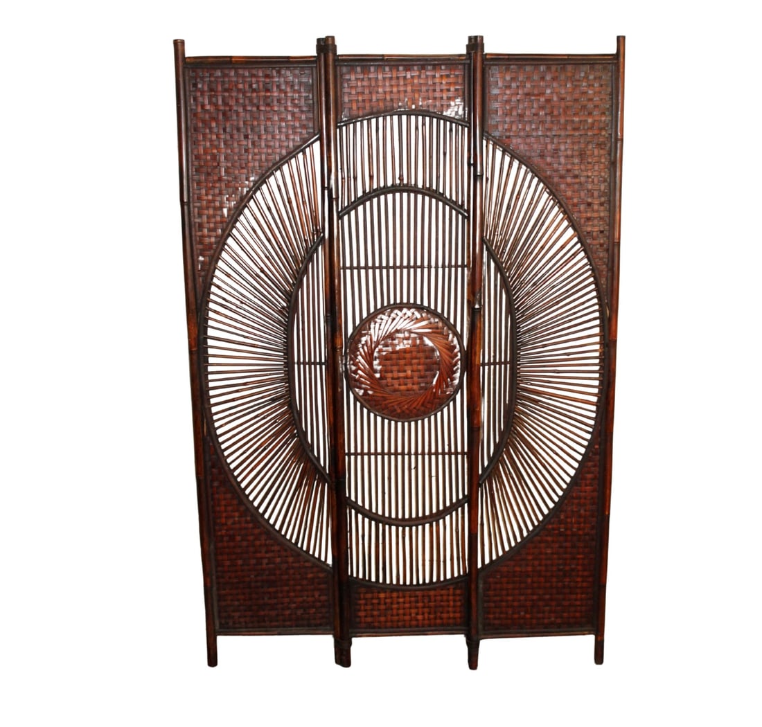 Vintage Bamboo / Rattan 3-Panel Screen with Sunburst Motif: Vintage three-panel folding screen crafted from bamboo and rattan, featuring a striking sunburst motif that adds sculptural dimension and visual rhythm. The natural materials lend warmth and texture,